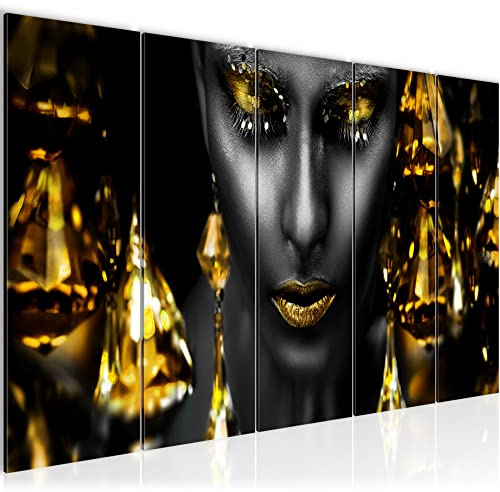 Runa Art Wandbild XXL Frau Gesicht Kosmetik Wohnzimmer Schlafzimmer 200 x 80 cm Schwarz Gold 5 Teilig - Made in Germany - 042155c