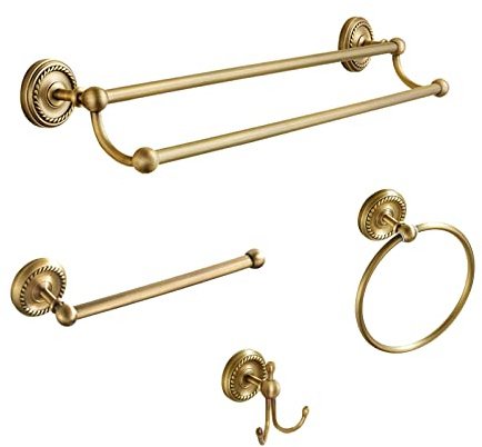 4-teiliges Badezimmerzubehör-Set aus antikem Messing, goldfarben, 61 cm Handtuchhalter, antike Stange Messing Badzubehör – Wandmontiertes Badezimmer-Hardware-Zubehör-Set