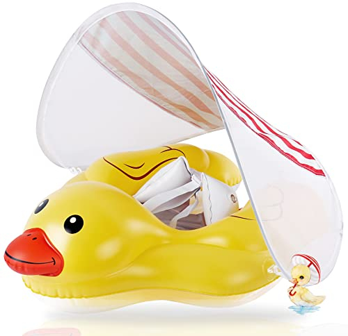 EDWEKIN® Einzigartiger Baby-Schwimmtrainer mit abnehmbarem Sonnendach, Ente Schwimmring, Schwimmhilfe mit Sonnenschutz, Schwimmreifen für Kleinkinder