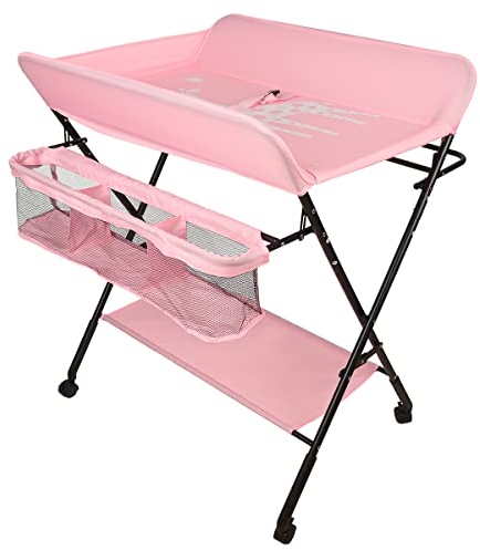 Table à Langer Pliable Bebe, Table a Langer Pliante avec Ceinture de Sécurité et Panier de Rangement, Hauteur Réglable en 3 Positions, Commode à Langer Portable, Charge 25KG (80*66*98cm, Barbie Rose)
