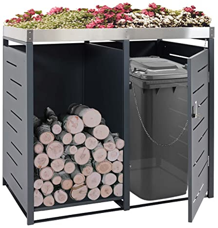 Mendler 1er-Mülltonnenverkleidung mit Brennholzlager HWC-H40 - anthrazit | Mülltonnenbox, 125x130x80cm, Metall, erweiterbar 45kg