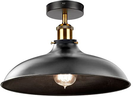 Vintage Semi-Flush Mount Lighting Fixture E27 Base Holder with 36cm Lamp Shade Black Industrial Ceiling Light for Kitchen, Living Room, Bedroom, Hallway