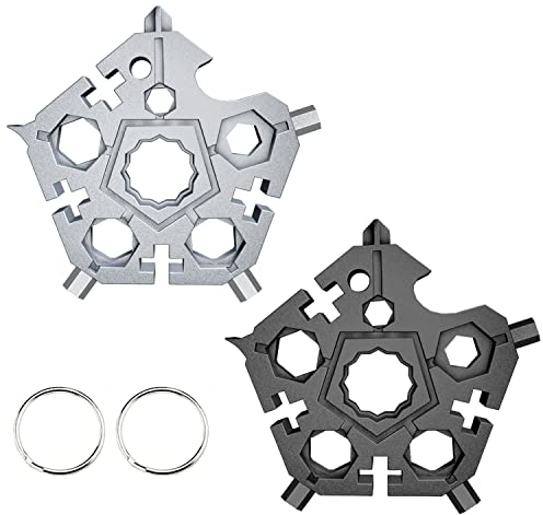 Aokelily 2PCS 23-in-1 Tragbares Kohlenstoffstahl-Schneeflocken-Multitool mit Schlüsselring,Tragbares Handwerkzeug, Schraubenschlüsselsatz für Abenteuer, Camping, Reisen, Werkzeug (Schwarz+Silber)