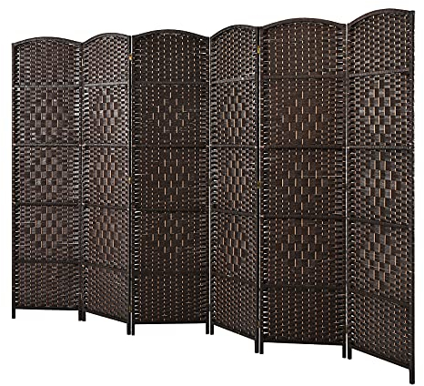 CASART 6 Panel Room Divider, Folding Wooden Privacy Screen, Hand-woven Rattan, 271 x 180cm Freestanding Partition Screens for Bedroom Living Room Office (Brown)