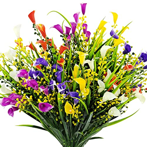 Carfoeny Künstliche Calla-Lilien für den Außenbereich, Kunststoff, UV-beständig, bunte künstliche Lilien für Zuhause, Garten, Pflanzgefäß, Veranda, Fensterkasten, Dekoration, 10 Bündel (mehrfarbig)