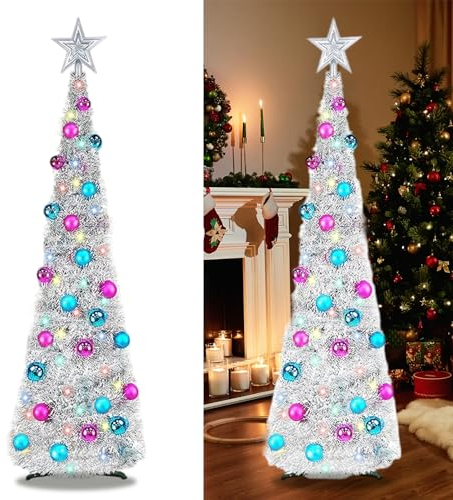 mzoLife Künstlicher faltbarer Lametta-Weihnachtsbaum mit Lichtern und 30 farbigen Kugeln, 1,5 m, Pop-Up-Bleistift-Weihnachtsbäume, glitzernd, funkelnder Weihnachtsbaum mit Ständer (Silber mit Kugeln)