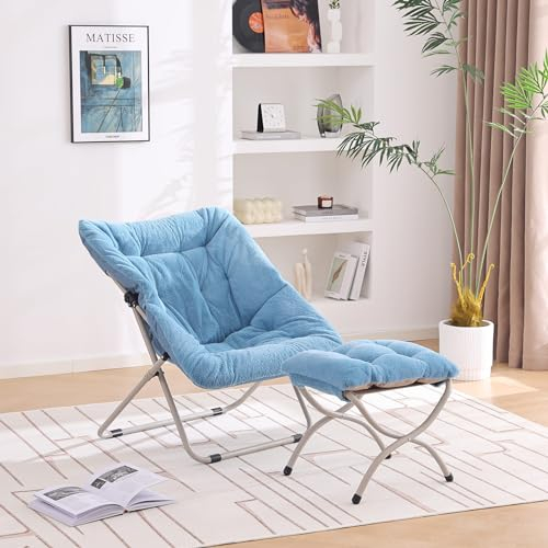YOTATING Untertassenstuhl mit Ottomane, bequemer Kunstpelzstuhl, klappbarer, weicher, pelziger Lounge-Lazy-Stuhl, Metallrahmen, Moon Chair, Akzentstuhl für Schlafzimmer, Schlafsäle, Blau