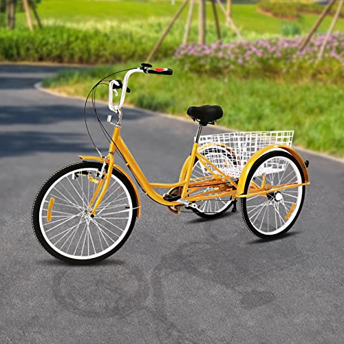 Adult Tricycle 24 In Tricycle 6 Speed Tricycle mit Korb Einstellbare 3 Rad Fahrrad Senior Dreirad Erwachsene Dreirad City Bikes mit Schutzblech, 120kg Max Last, Schleifen Rad Licht (Gelb)