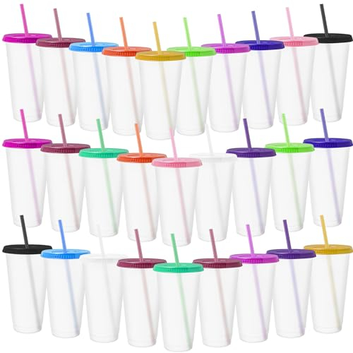 28 Pack Plastic Tumblers with Lids and Straws, 24 oz Reusable Tumbler Water Bottle Iced Coffee Travel Mug Cup Clear Plastic Drink Cups Bulk for Parties Birthdays