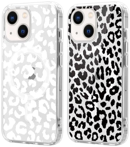 Xylota 2 Stück Magnetisch Hülle für iPhone 14/iPhone 13 6.1 '' [Kompatibel mit MagSafe], Leopard Muster Mädchen Aesthetic Design Klare Handyhülle, TPU Stoßfeste Transparent Schutzhülle für iPhone 13