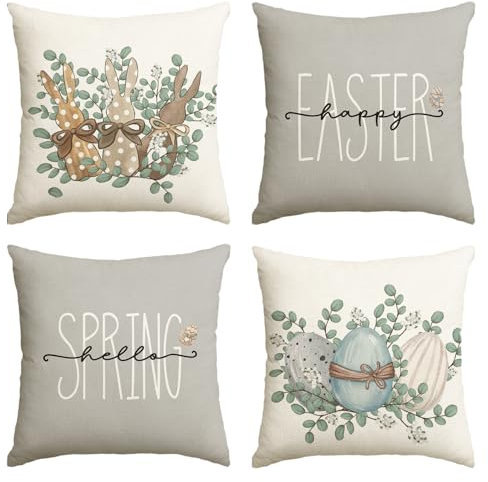 Artoid Mode Eukalyptus Kaninchen Ostereier Ostern Kissenbezüge 4er Set, 45x45 cm Frühling Happy Easter Zierkissenbezug Couch Wohnzimmer Deko