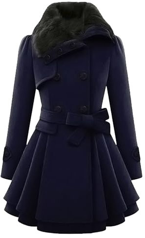 BOFETA Damen Langarm Kunstpelz Revers Zweireihig Dicker Mantel Warm Wollmischung Erbsenmantel Outwear Mit Gürtel Navyblau XXS
