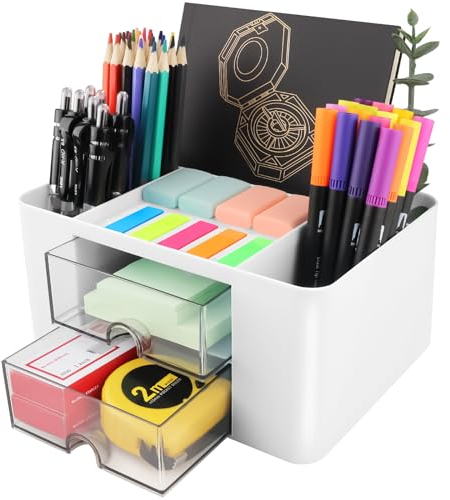 DoDuo Organizador de Escritorio, Multifuncional Plástico Organizadors Escritorio Desk con 5 Compartimentos y 2 Cajón para Hogar Oficina y Escuela (Blanco)