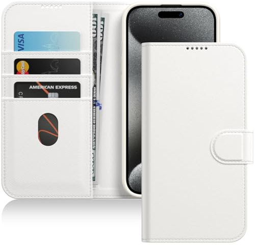 JETech Wallet Case for iPhone 15 Pro 6.1-Inch, Shockproof PU Leather Magnetic Flip Cover with Card Holder, Stand Feature and Full Camera Protection (White Titanium)