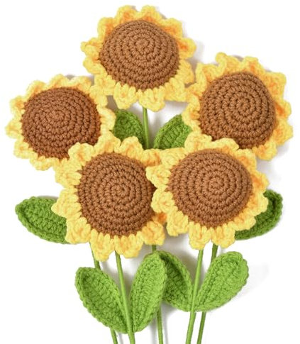 MPEIPILA Fiori Artificiali Girasoli 5pz, Fiori Finti, Fiori Fatte a Mano, Fiori di Girasole, Fiori Artificiali Realistici, Mazxo di Fiori, Bouquet Girasoli, Fatto a mano Uncinetto Fiori