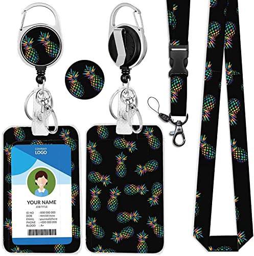 bolimoss Schlüsselband mit Ananas-Motiv, Kartenhalter und einziehbarer Ausweishalter, cooler Schlüsselanhänger, Umhängeband für Ausweise, für Frauen, Mädchen, Lehrer, Schlüsselkarten, Schlüsselband