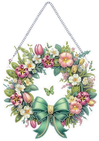 CXINLky DIY Diamond Painting Türkranz Anhänger mit Kette, Diamant Painting Fensterbilder, Schmetterling 5D Diamond Malerei Wandbehang Kits für Fenster Wand Eingang Garten Decor-03-Blume
