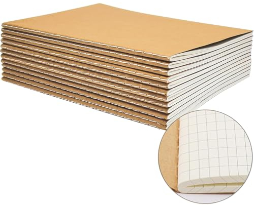 YBCPACK Kraft Notizbuch A5 Kariert, 12 Notizbücher Set, Kariert Notizheft mit 60 Seiten (30 Blätter), Notizblock für Büro, Schule & Reisen (21x14cm)