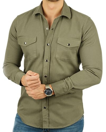 ETIKMEN Long Sleeve Oxford Shirts for Men | Cotton Slim Fit Men's Casual Shirts | Stylish Comfortable Denim Shirt with Pockets (UK, Alpha, M, Regular, Regular, Khaki)