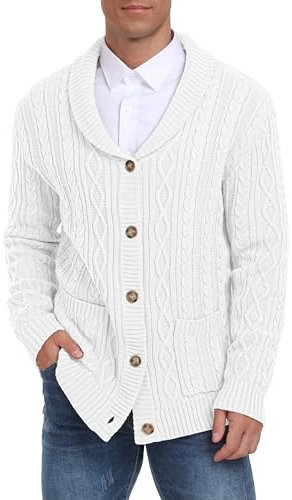 Hisir Mens Cardigans Shawl Knit V-Neck Classic Long Sleeve Casual Cardigan Buttons Sweater with Pockets (White, L)