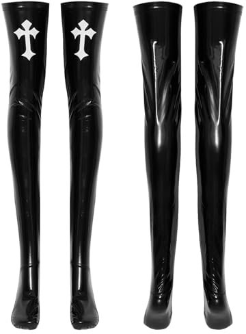 Freebily Damen Halterlose Oberschenkel Strümpfe Wetlook Overknee Stocking Sexy Lackleder Nonne Kniestrümpfe für Halloween Party Clubwear Schwarz One Size
