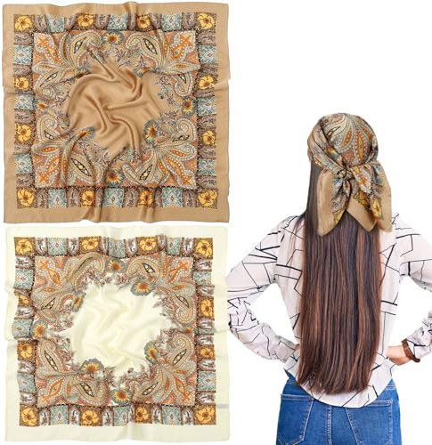 Kopftücher Bandana Schals Damen Seidentuch Quadratisches Satin-Kopftuch Haartücher Halstuch Taschentuch Quadratischer Halstuch Großes Kopftuch Silk Scarf for Hair Wrap 70 cm für Damen 2 stück