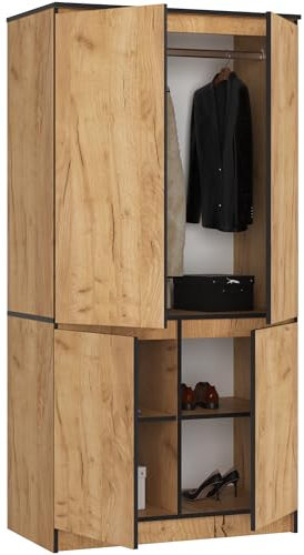 BDW Armoire à 4 Portes - Armoire Chambre - Meuble de Rangement - Design Élégant - Utilisation Universelle - pour la Chambre à Coucher, Le Salon, Le Bureau - 90 cm - avec 4 Étagères - Chêne Artisan