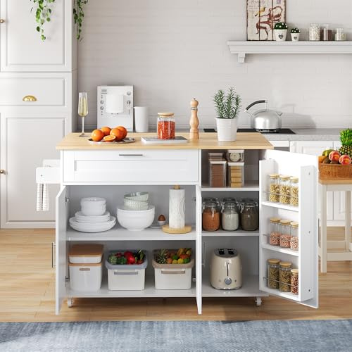L132.5xB44(70) x 90 cm, grande tavolo da cucina mobile, piano di lavoro pieghevole, in legno di quercia, armadio multifunzionale, portaspezie, porta asciugamani, 5 rotoli, adatto per