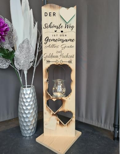 Holzaufsteller zur Goldenen Hochzeit 2 Herzen geflammt, Holz Deko Schild Holzschild Eingangsschild mit Windlicht aus Glas, Der schönste Weg ist der Gemeinsame