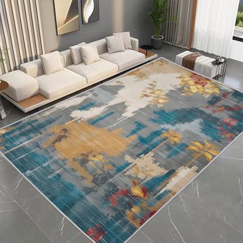 Jiyuhang Teppiche 160x230 cm | Abstrakte Blumenmuster in Gelb-Rot & Blaugrün-Grau | Antislip-Festigkeit | Flachgewobener Teppich für Wohnzimmer, Schlafzimmer & Heimdekoration | Langlebig & Robust