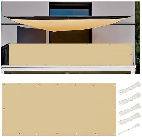 Sonnensegel 5x7M Wasserdicht Rechteckig, Segeltuch im Viele Größe und Farben, Sonnenschutz Wetterschutz Markise Seitenschutz Balkon Ohne Bohren mit Ösen und Kordel für Garten Terrasse, Sand Beige