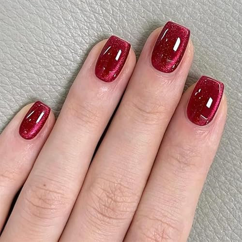 MouyouGlow Press on Nails Kurz,Square Einfarbig Cat Eye Dunkel Burgundy Rot Magnetic Weihnachten Fake Nails mit Nagelkleber,Eckig Dark Wine Red Phototherapy Christmas Künstliche Fingernägel