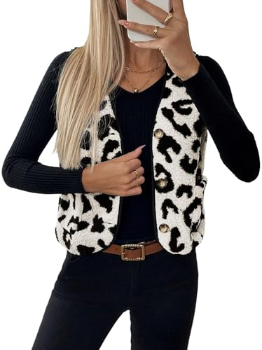 GORGLITTER Weste Damen Elegant Ärmellose Teddy Weste Leo Fleeceweste Mit Taschen Damenwesten Mit Knöpfen Plüschweste Leoparden Jacke Winter Jacke Schwarz und Weiß XL