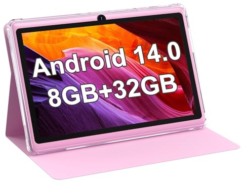 PEICHENG Tablet Android 14.0 da 7 pollici, RAM 8 GB (3+5 espandi) + 32 GB ROM Tablet, doppia fotocamera, schermo IPS 1024 x 600, espansione 1 TB, tablet con custodia (rosa)