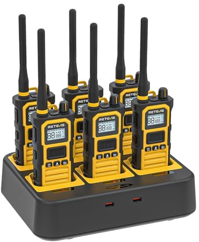 Retevis RB648 Pro Walkie Talkies, IP67 wasserdichte Funkgeräte mit 6 Wege Ladegerät, 2800 mAh, Fortschrittliche Rauschunterdrückung, Walkie Talkie mit Großer Reichweite für Baustellen (6 Stück, Gelb)