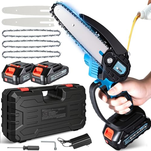 Olubfdh Mini Kettensäge mit Akku 4000mAh, 6 Zoll Mini Kettensäge Elektro mit Automatischer Öler und 2 × 2000mAh Akku, Handkettensäge Akku für Gartenscheren Astschere Holzschneidenz (·)