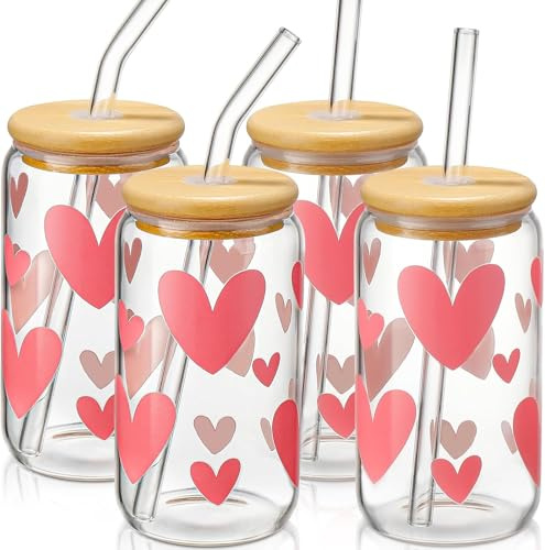 MHDCLY Glass Cups with Lids and Straws with Design Pink Hearts 4 pcs,Clear Glass Cups 16 oz-Glass Tumbler,Cute Glass Iced Coffee Cups with Lids and Straws