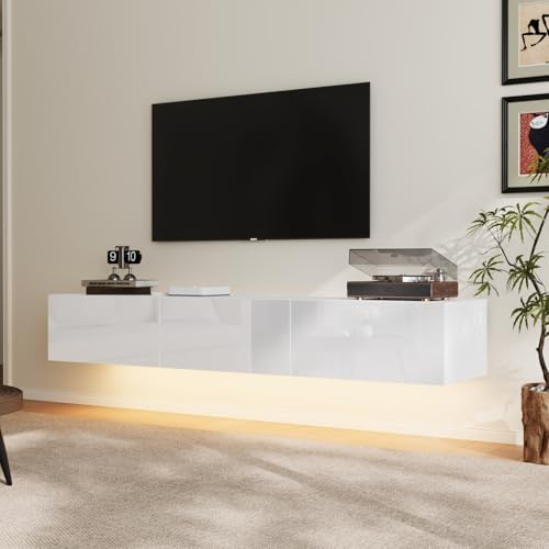 PREMTURE Floating TV with LED Lights, 160cm 3 Color LED Lights Wall Mounted TV Cabinet with 3 Drawers, High Gloss TV stand Media Console Entertainment Center for Living Room, White
