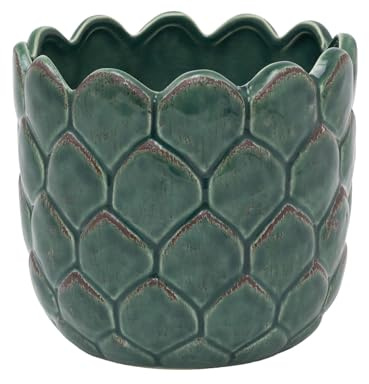 Carousel Home Green Ceramic Artichoke Plant Pot | Madagascar Teal Glazed Round Planter with Textured Finish - 12x14cm