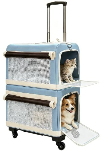 Katzentransportbox für 2 Katzen | Doppelwandige Haustierbox mit Zugstange und Rollen, Abnehmbarer Katzenrucksack für Reisen, Wandern und Camping