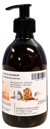 250ml Huile de Saumon 100% Naturelle pour Chiens, Chats et Chevaux, Riche en Oméga 3-6-9 et Vitamines