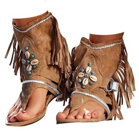 Vintage Sandal Boots for Womens Boho Toe Post Flat Sandal Ankle High Tassel Fringe Turquoise Bead Shell Decor comfortable Summer Open Toe Beach Festival Shoes