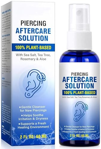 Piercing Aftercare Solution, Saline Solution for Ear, Nose & Body Piercings, with Natural Sea Salt, Aloe Vera & Rosemary, Gentle Non-Irritating Cleanser, 60ml
