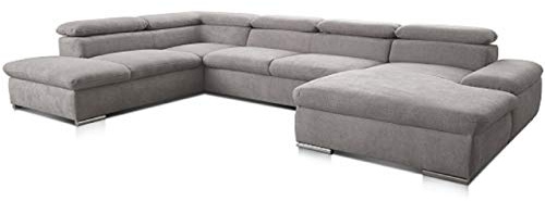 Cavadore Wohnlandschaft Alkatraz im modernen Design / U-Form mit Ottomane links und Longchair rechts / Inkl. Kopfteilverstellung / 350 x 73 x 226 / Hellgrau