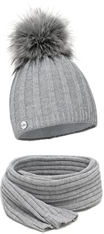 ELIMELI® Kaschmir Mütze Schal Damen Winter Kombi Set - warme Strickmütze mit Kunstfell Bommel - 3-teilig, Winterset Wintermütze passender Schal Wollmütze Beanie Slouch Strick Made in EU - grau
