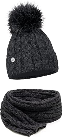 ELIMELI® Mütze Schal Damen Winter Kombi Set - warme Strickmütze Wintermütze mit Bommel und EIN passender XL Schal - Slouch Strick Beanie Bommelmütze Made in EU 15568 (Dunkelgrau)