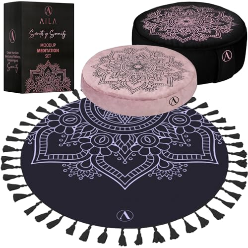 Aila MoodUp Meditationsset – Samt Zafu Meditationskissen Bodenkissen mit runder Yogamatte + Ersatzkissenbezug, Deluxe Yoga Bundle Geschenkset, Total Comfort Meditationskissen zum Sitzen auf dem Boden