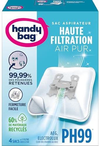 Handy Bag - Sacs aspirateur PH99 x4sacs - Compatibles AEG, Electrolux - 99,99% des poussières retenues - Fermeture facile - Filtre anti-allergène - 60% de matériaux recyclés
