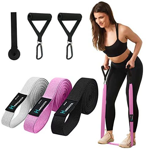 MARIOOTA Lange Stoff Fitnessbänder 3 Verschiedene Widerstandsbänder Set Tragebeutel mit Griffen & Türanker, Resistance Bands für Männer/Frauen, Premium Lang Fitness Band (GRAU – ROSA- SCHWARZ)