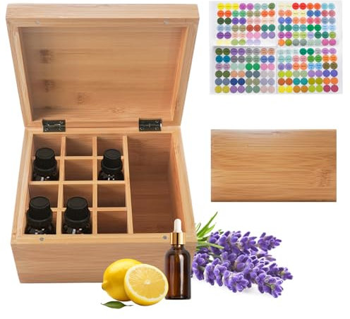 RoseFlower Wooden Essential Oil Storage Box Travel Case with Bottle Cap Label, Holds 13 Bottle for 5-15ml - Aromatherapy Organizer Nail Polish Fragrance Container - Keep Scented Oil Safe & Space Saver